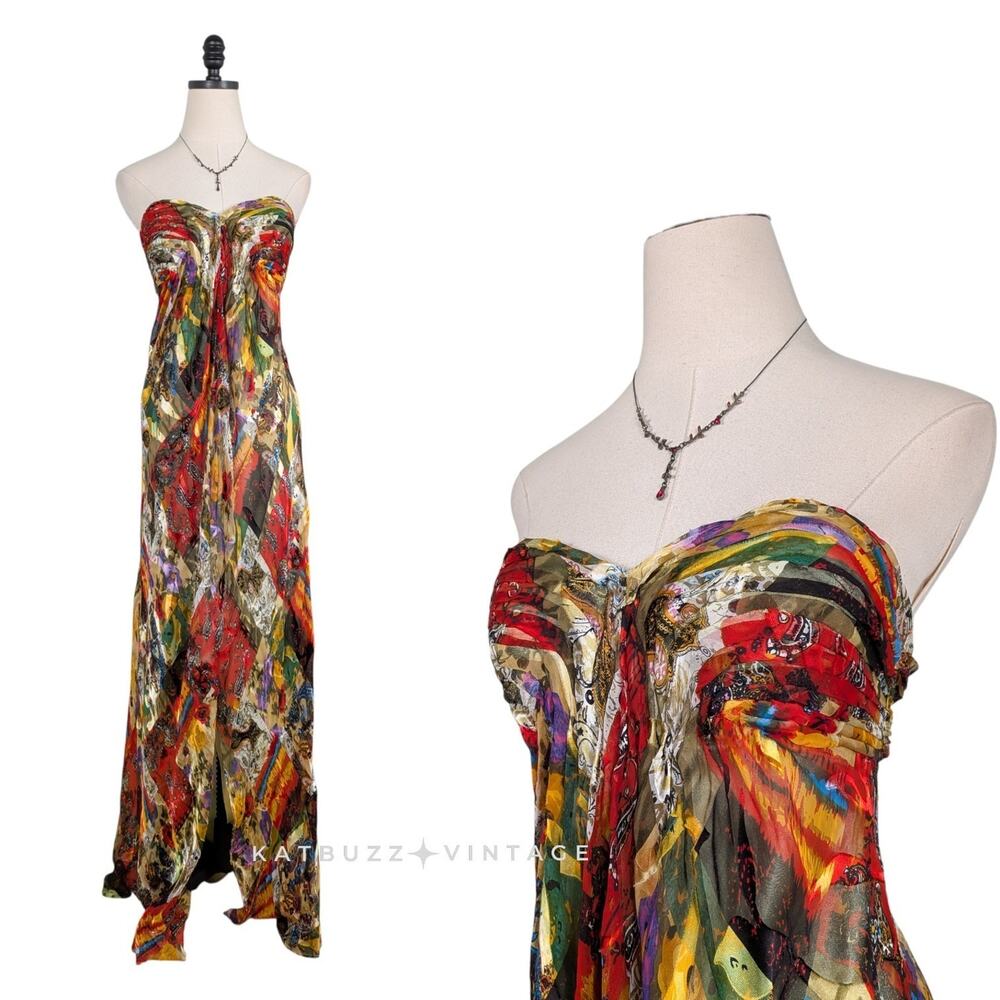 Vintage Night Way Silk Prom Dress Maxi Gown 10 Multi Babydoll Floral Strapless